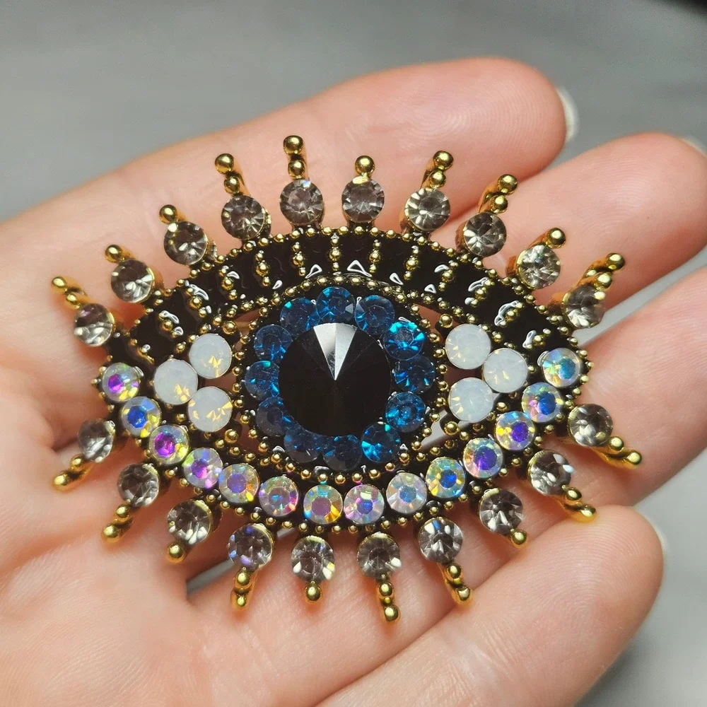 Evil Eye Brooch Womens OS Blue Gold Rhinestone Sunburst Mystic Pin